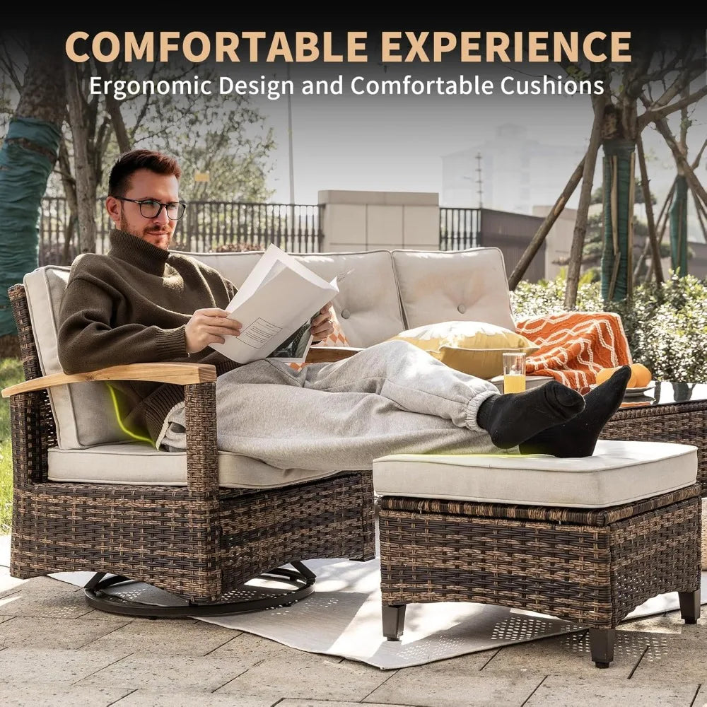 7 Pieces Patio Furniture Set PE Wicker Outdoor Conversation Set with 2 Swivel Rocker Chairs and Wood Armrests