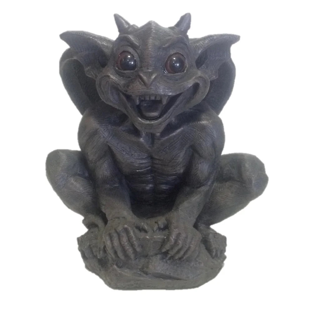 Gargoyle Statue with Solar Red Eyes Outdoor Decor Weatherproof Resin Garden Sculpture Collectible Family Piece