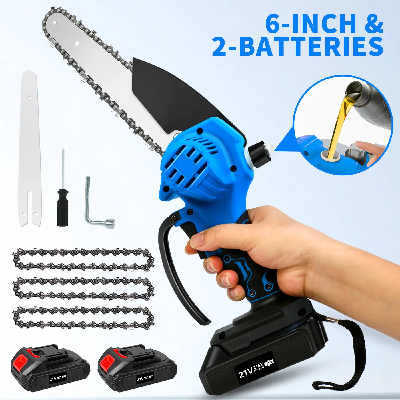 Chainsaw Handheld 8-inch Cordless Petrol Chain Saw Powerfull with2 Batteries 3 Chains for Wood Cutting Tree Trimming Camping
