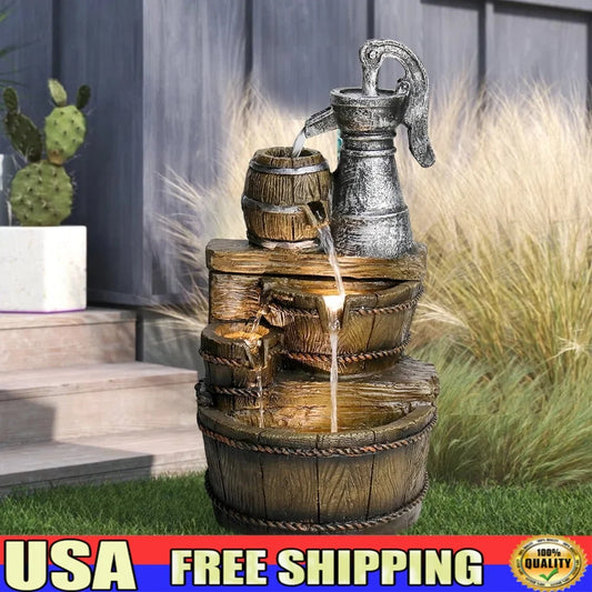25.5 Inch 5 Tier Barrel Outdoor Fountain With LED Lights