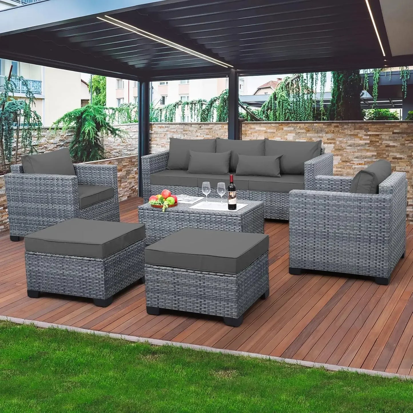 6 Pieces Wicker Patio Furniture Set Outdoor Conversation Set PE Rattan Sectional Sofa Couch with Storage Table and Grey Cushions