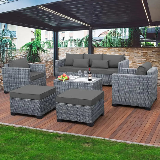 6 Pieces Wicker Patio Furniture Set Outdoor Conversation Set PE Rattan Sectional Sofa Couch with Storage Table and Grey Cushions
