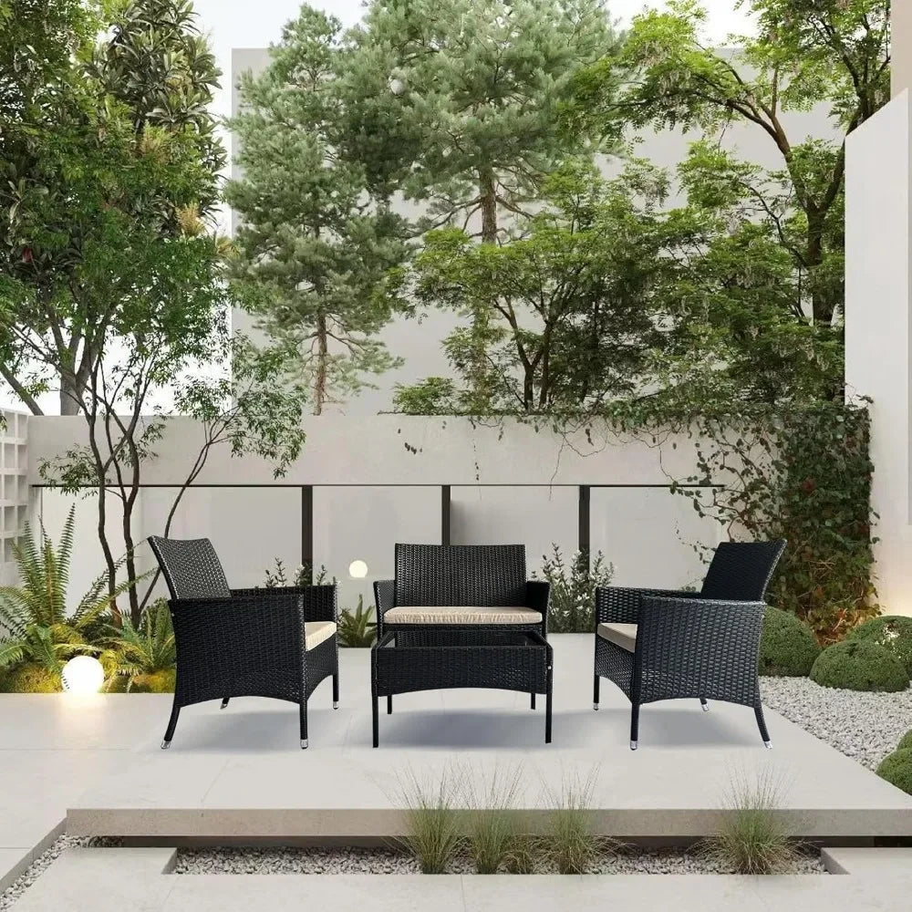 4 Piece Modern Patio Furniture Set Wicker Sofa Loveseat Armrest Chair and Rattan Side Table