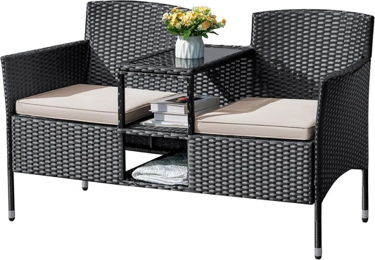 Outdoor Furniture Patio Loveseat Wicker 2-Seat with Built-in Table and Cushions Rattan Porch Chairs Bench for Balcony Lawn Backyard Beige