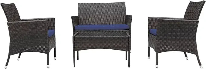 4 Piece Modern Patio Furniture Set Wicker Sofa Loveseat Armrest Chair and Rattan Side Table