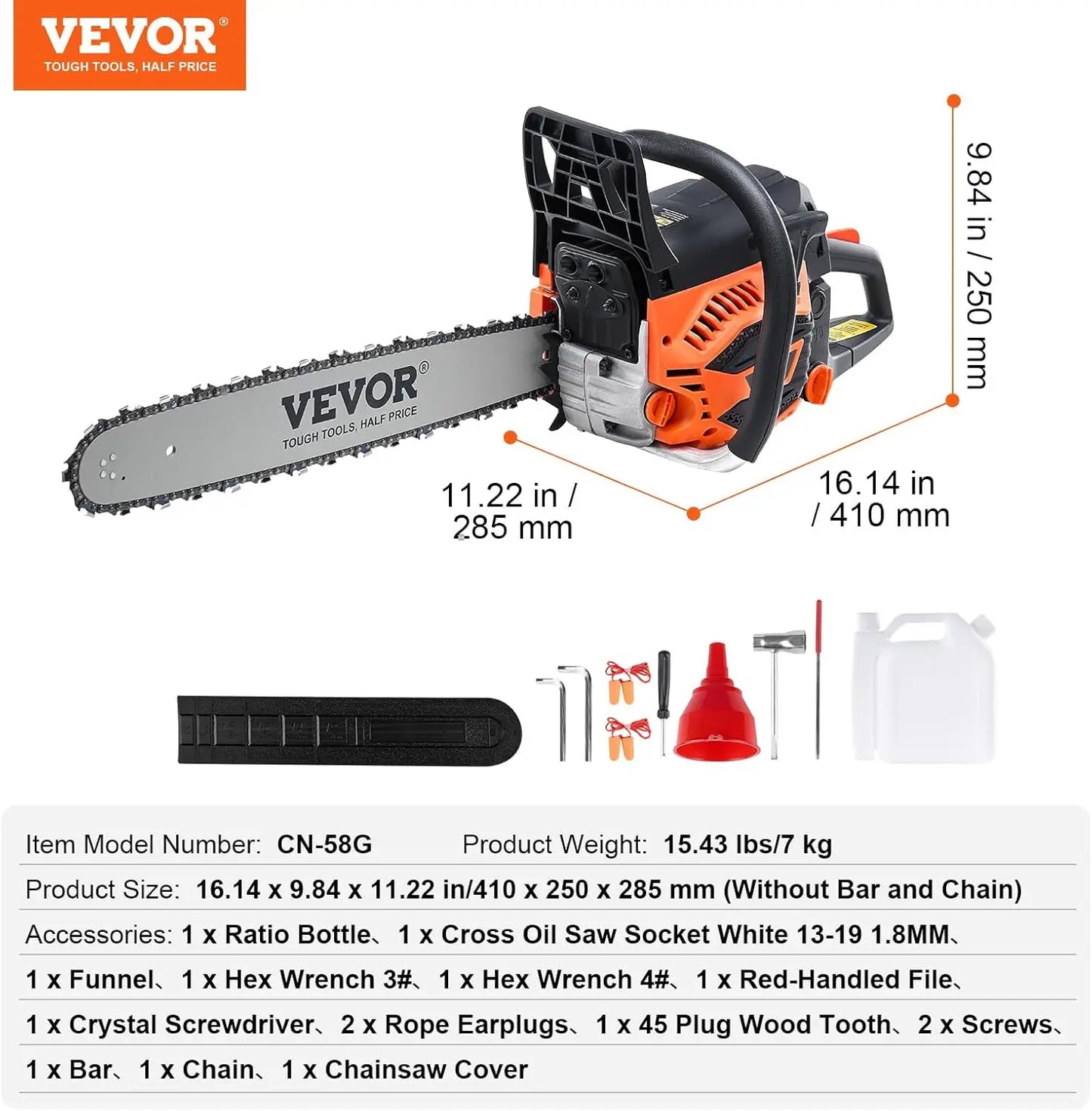 Gas Powered Chainsaw 58cc 20 Inch Handheld For Woodcutting