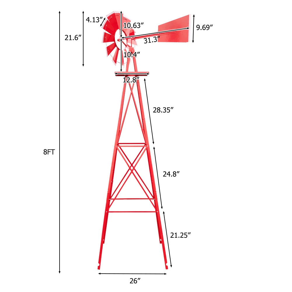 8FT Weather Resistant Yard Garden Windmill Red Decorative