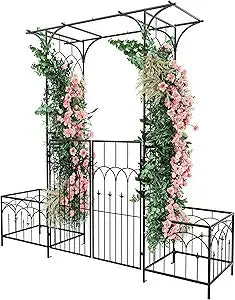 Garden Arbor With Gate And Planter Box Metal Garden Arch For Climbing Plants Outdoor Wedding Arches For Ceremony