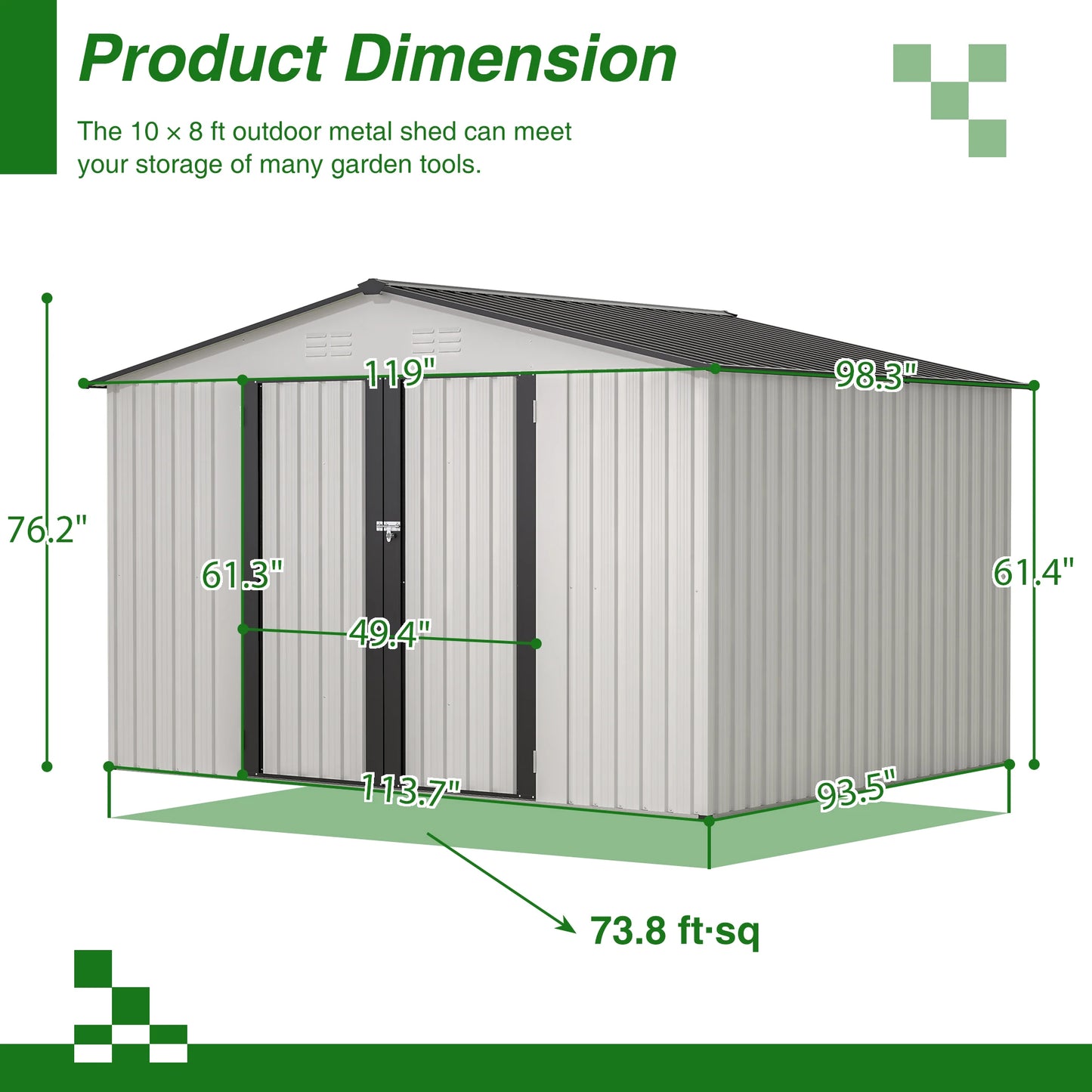 LZBEITEM 10x8 Ft Outdoor Metal Storage Shed Lockable Doors