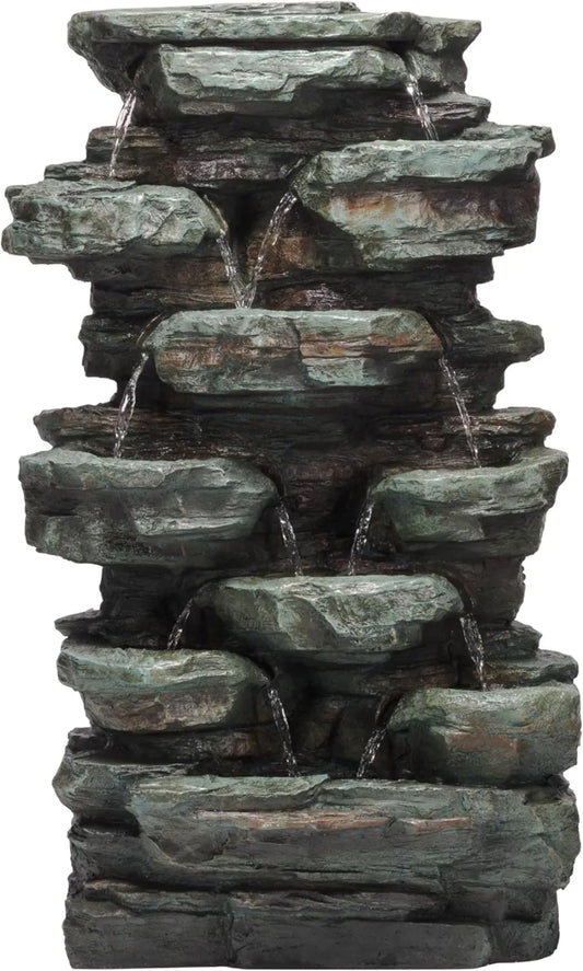 Outdoor Multitiered Cascading Rock Fountain With Led Lights
