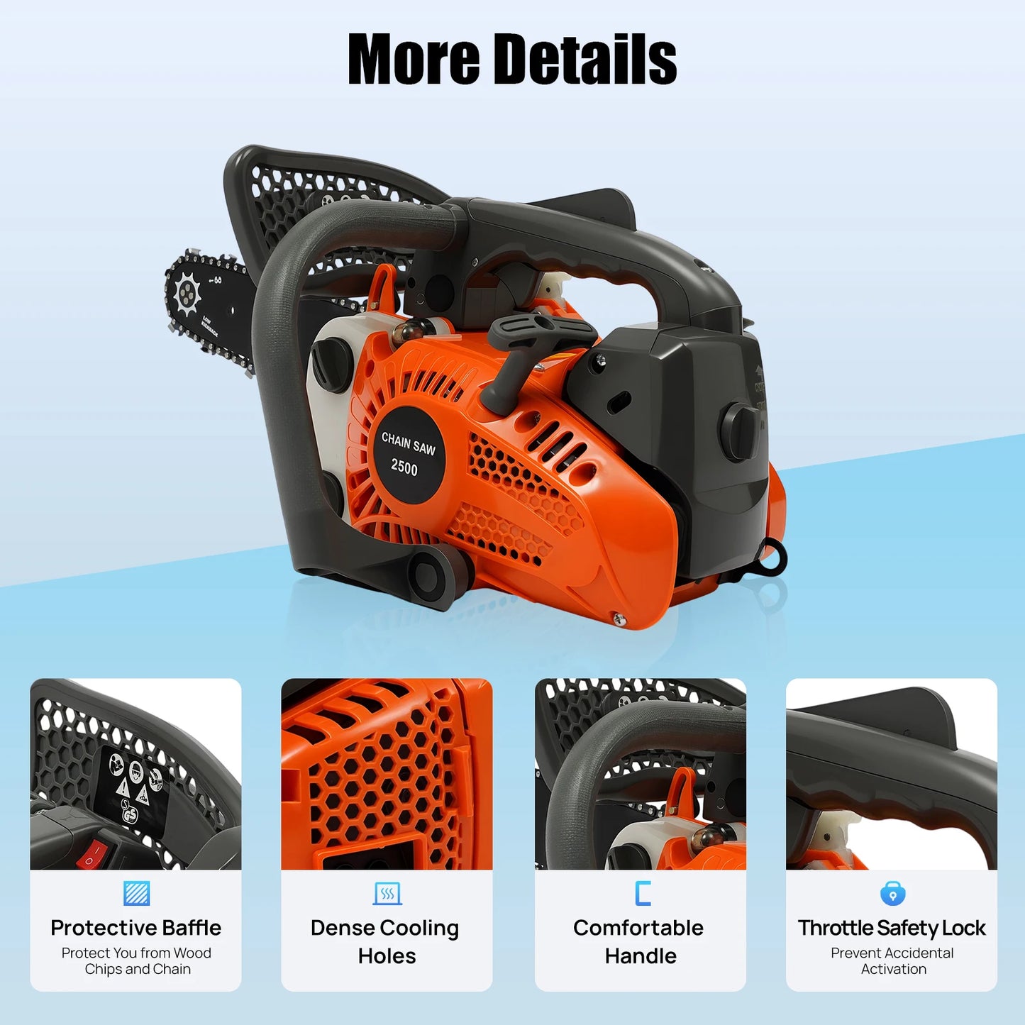 900W Gasoline Chainsaw 25.4cc Top Handle 2 Stroke Engine With Guide Plate Cover