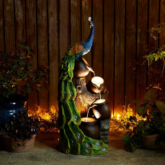 4-Tier Oversized Peacock Sculpture with Jars Outdoor Water Fountain with LED Light, Resin Peacock Statue Waterfall Fountain wit