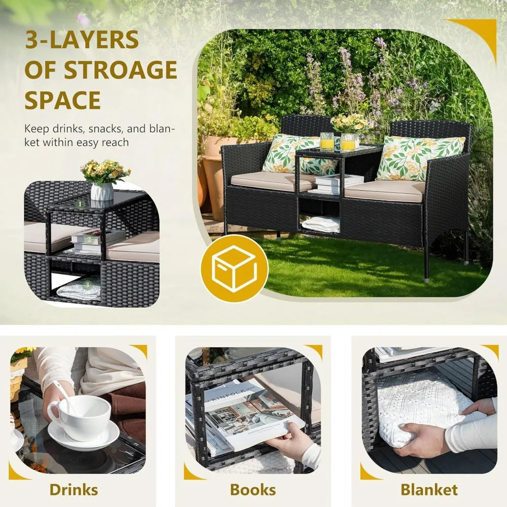 Outdoor Furniture Patio Loveseat Wicker 2 Seat with Built in Table and Cushions Rattan Porch Chairs Bench for Balcony Lawn Backyard Beige
