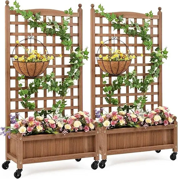 Yaheetech 2 Piece 50 Inch High Raised Garden Bed with Trellis and Wheels Standing Vertical Horticulture Planter Box for Vine Climbing Plants