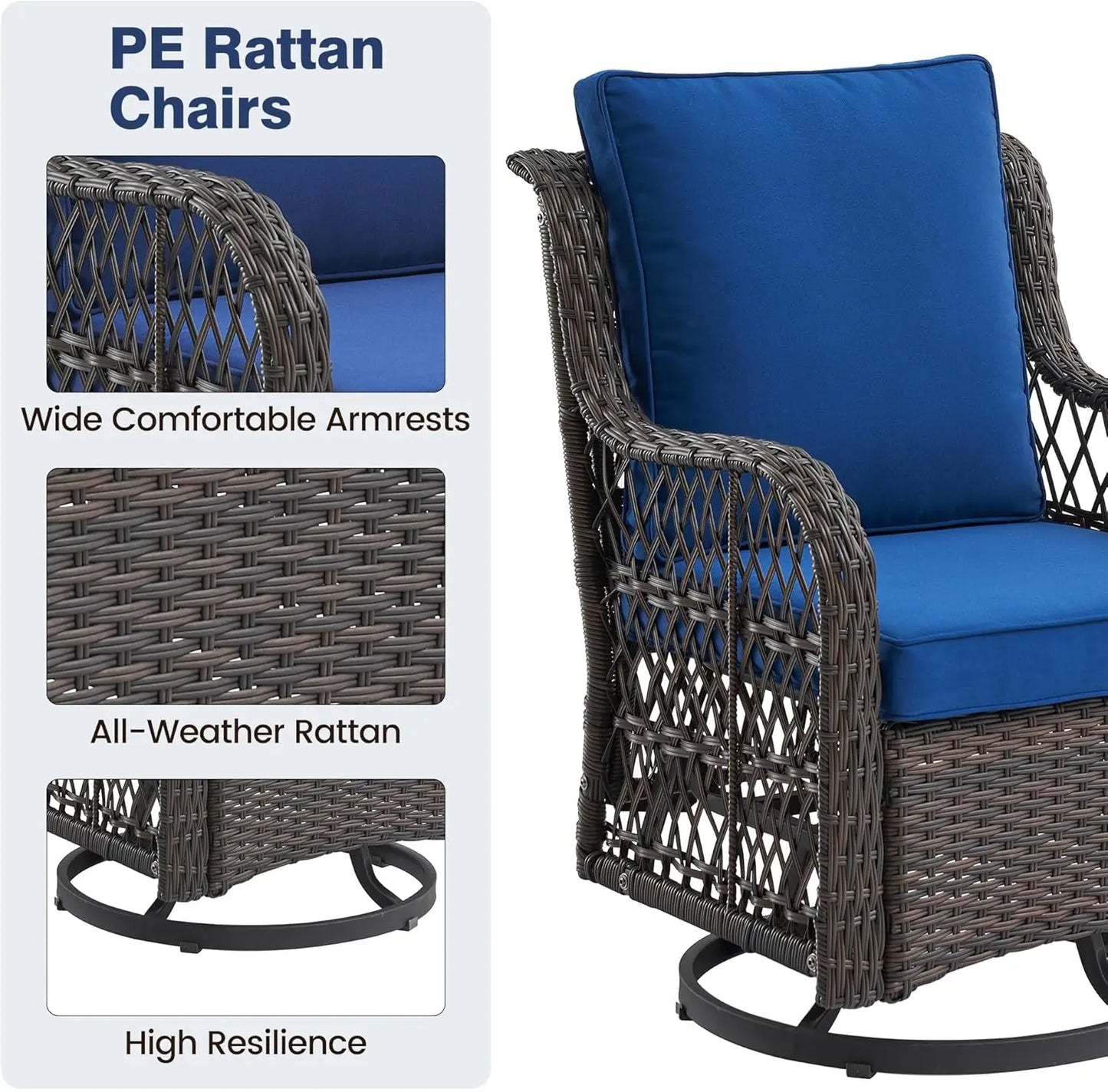 3 Piece Outdoor Patio Set Wicker Rocking Bistro Set with 2 Swivel Chairs and Tempered Glass Top Table Rattan Outdoor Furniture