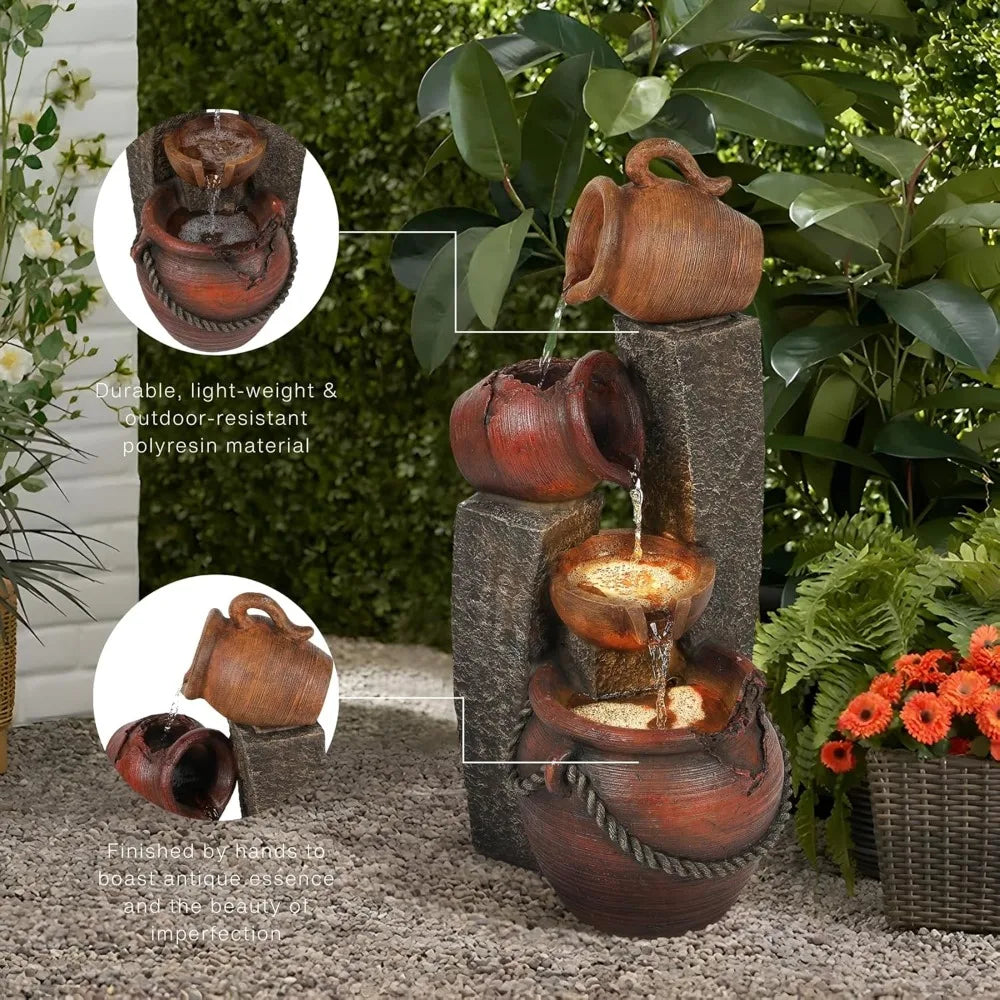 32 Inch Farmhouse Outdoor Water Fountain With Lights
