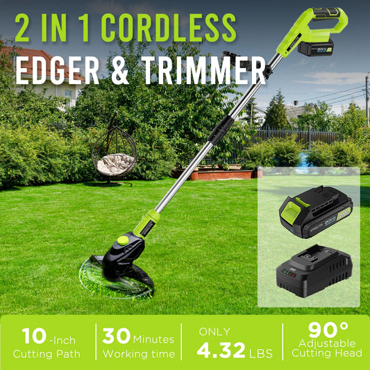 21V Max Cordless String Trimmer with Bump Feed, 2.0Ah Batt, Battery Powered Weed Wacker & Lightweight Grass Trimmer