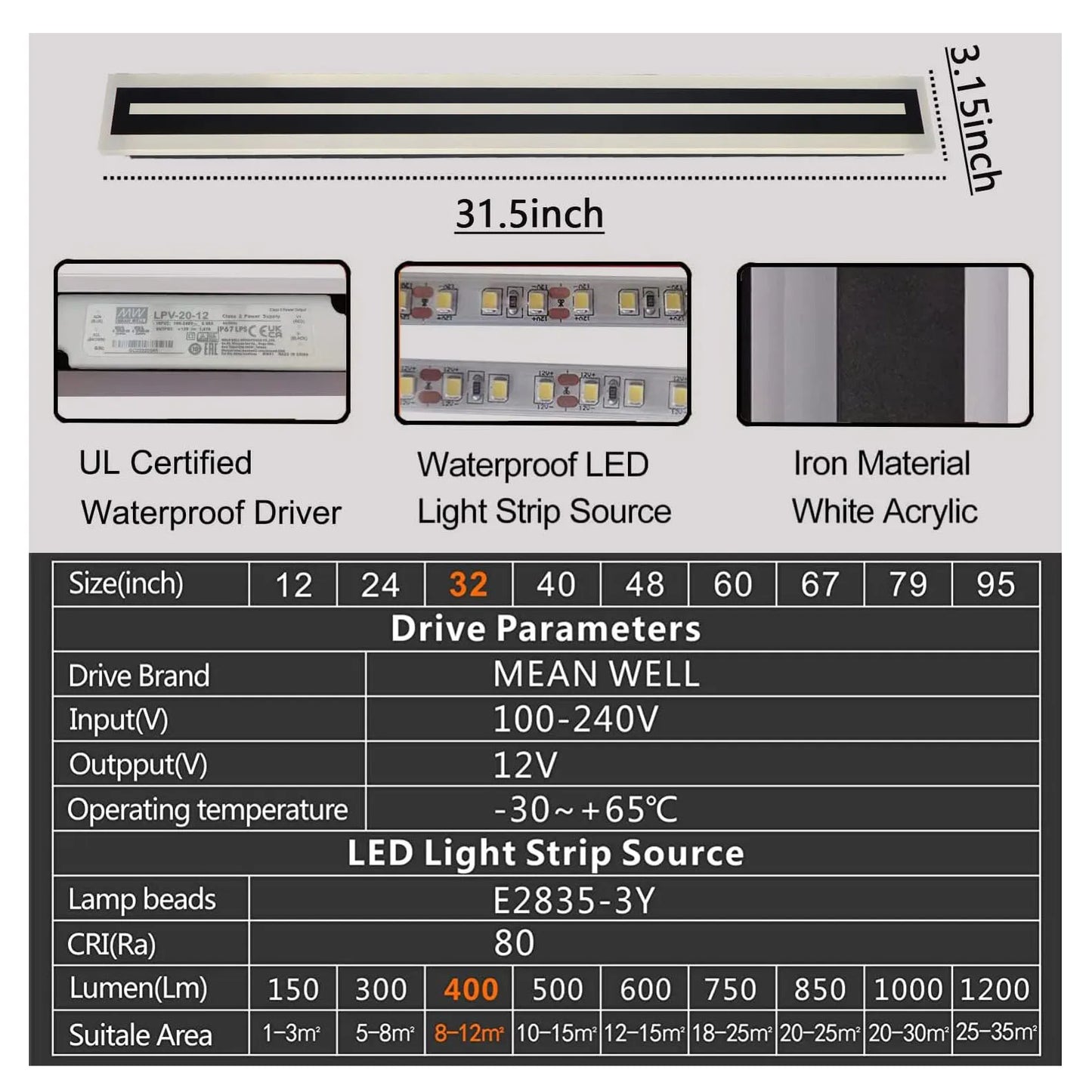 Outdoor Long Strip Frosted Acrylic LED Wall Sconce IP67