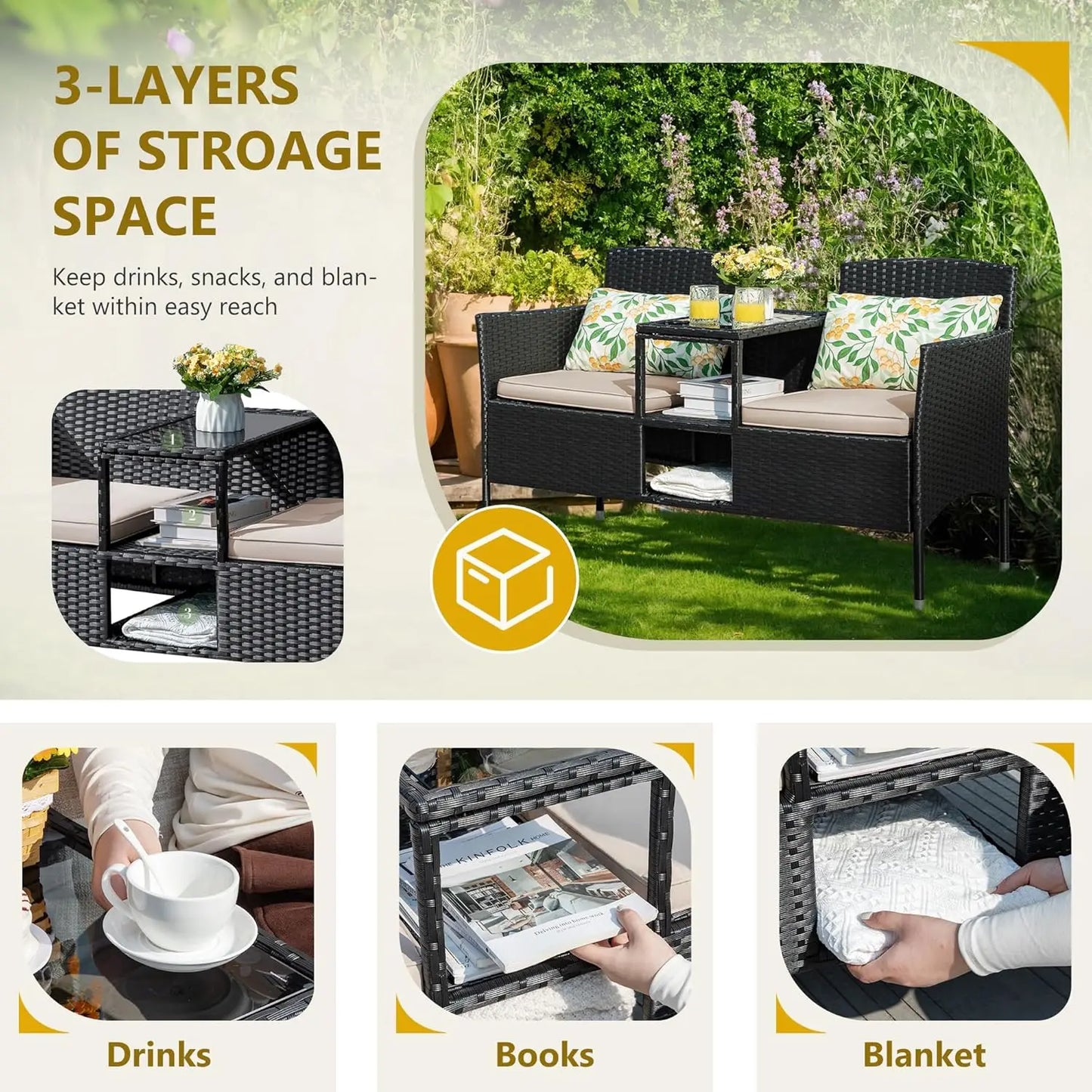 Outdoor Furniture Patio Loveseat Wicker 2-Seat with Built-in Table and Cushions Rattan Porch Chairs Bench for Balcony Lawn Backyard Beige