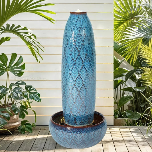 39 Inch Tall Outdoor Fountain With Led Lights Ceramic Vase