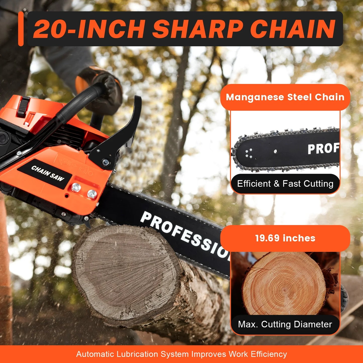 20 Inch 58cc Gas Chainsaw 2600W 2 Stroke Petrol Cutting