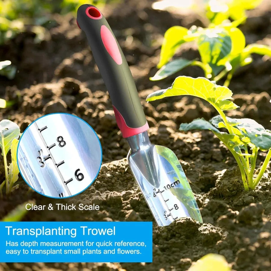 Garden Tool Set 3 Pieces Aluminum Heavy Gardening Kit Including Hand Shovel Transplant Shovel and Hand Rake with Soft Rubber No