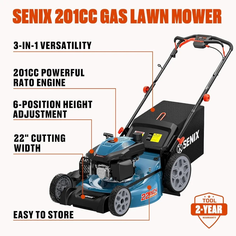 22 Inch Gas Lawn Mower 201cc 4 Cycle OHV Self Propelled Bag Mulch Side Discharge