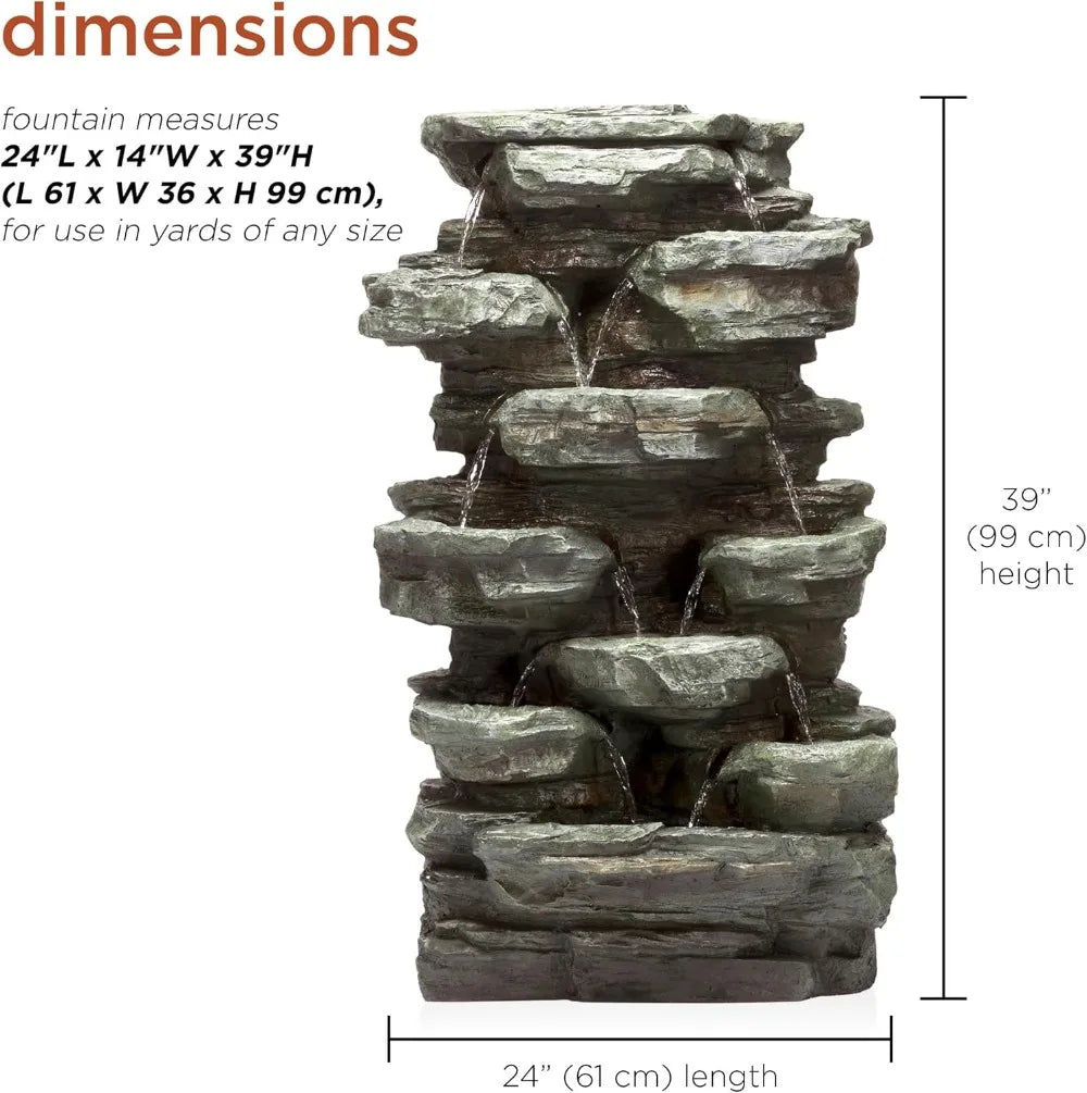 Outdoor Multitiered Cascading Rock Fountain With Led Lights