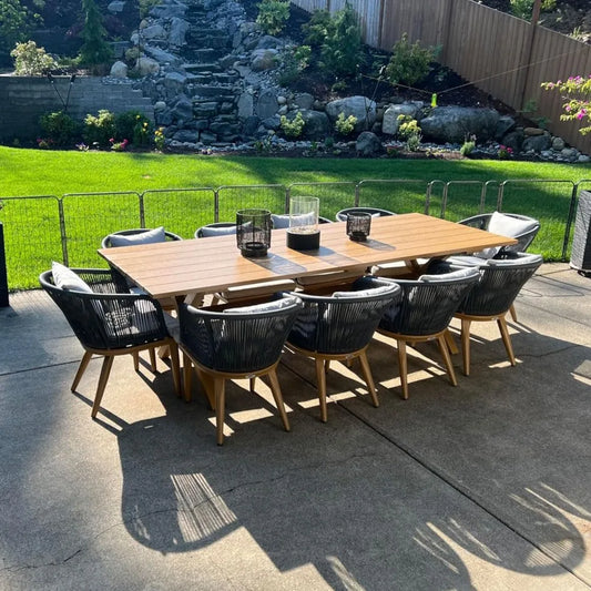 11 Pieces Patio Dining Set Wicker Outdoor Furniture Rectangular Table and Chairs Set for Garden Deck Teak-Finish Aluminum Frame