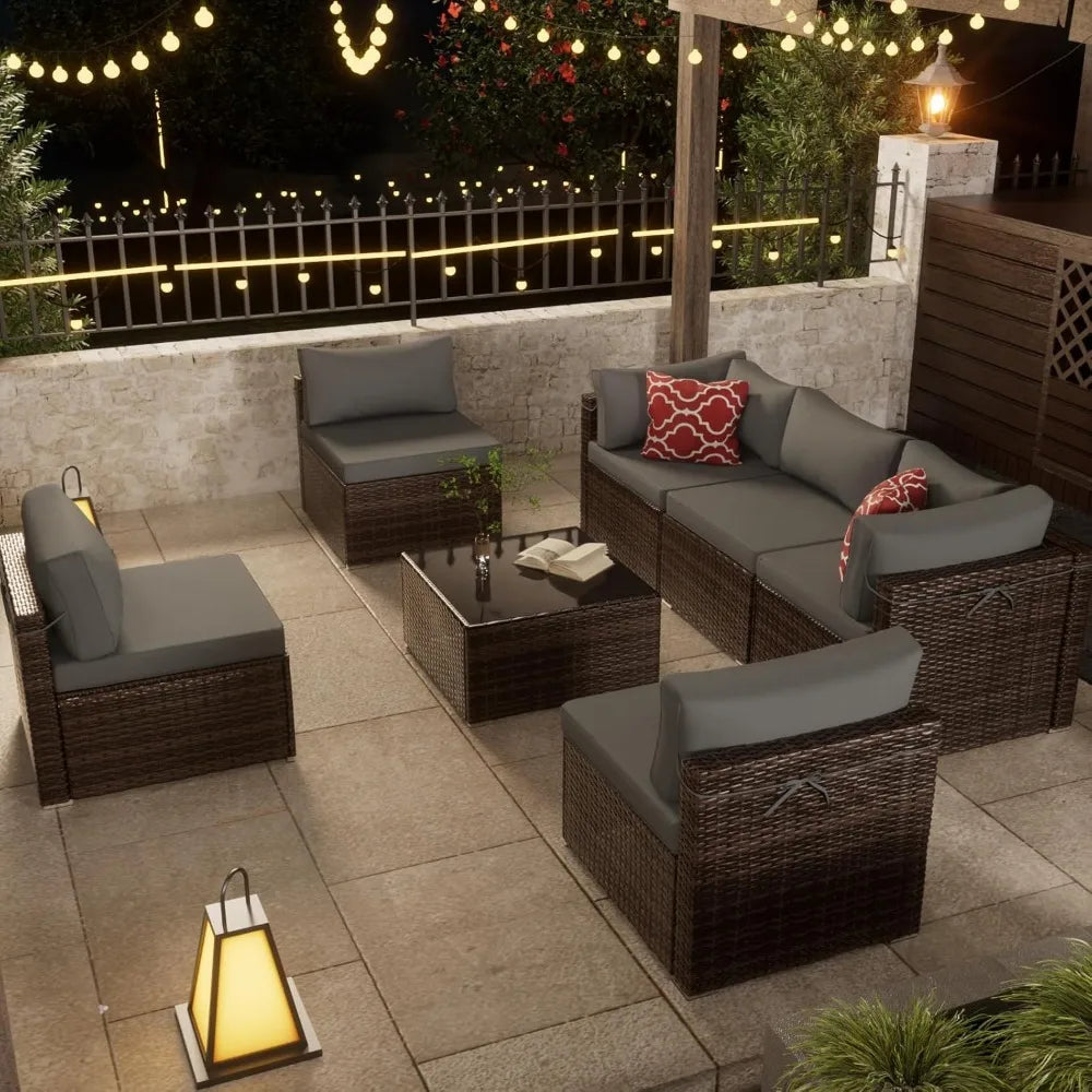 7 Piece Outdoor Furniture Sofa Set with Waterproof Cushions and Tempered Glass Coffee Table 2 Pillows
