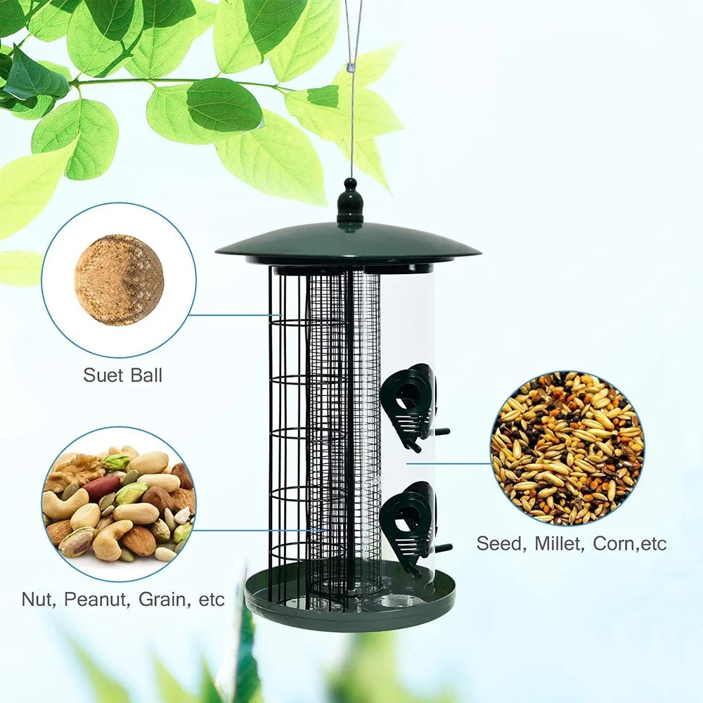 3-in-1 Metal Hanging Bird Feeder with 3 Feeding Ports Perches Bird Food Holder Weatherproof Tube Feeder Wild Birds Outdoor Use