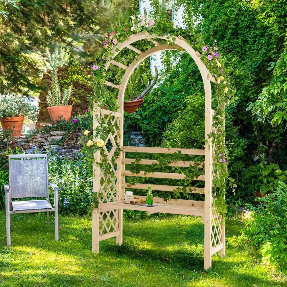 81 Inch Garden Arch with 2 Person Bench Wooden Arbor Trellis for Climbing Plants Outdoor Wedding Arch Patio Decor