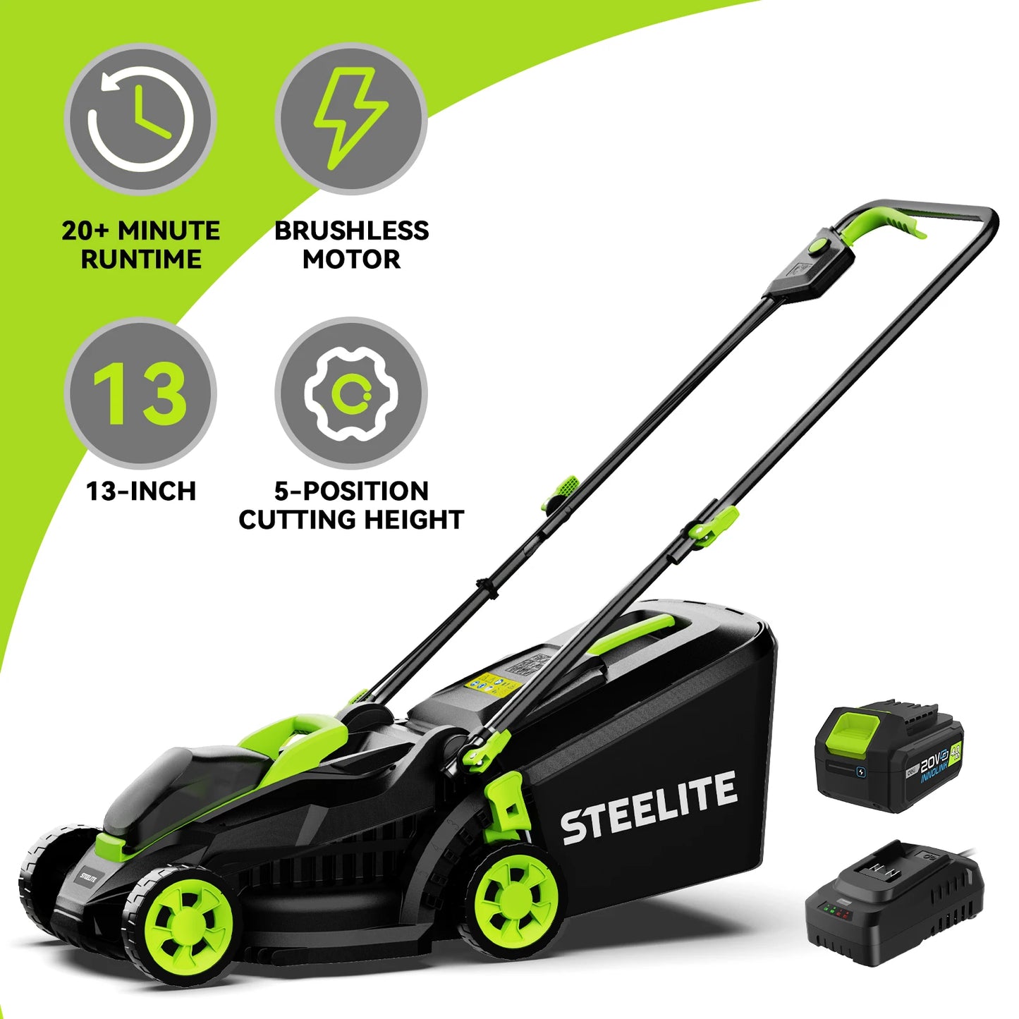Deli 13 Inch Cordless Brushless Electric Lawn Mower 21V 4Ah