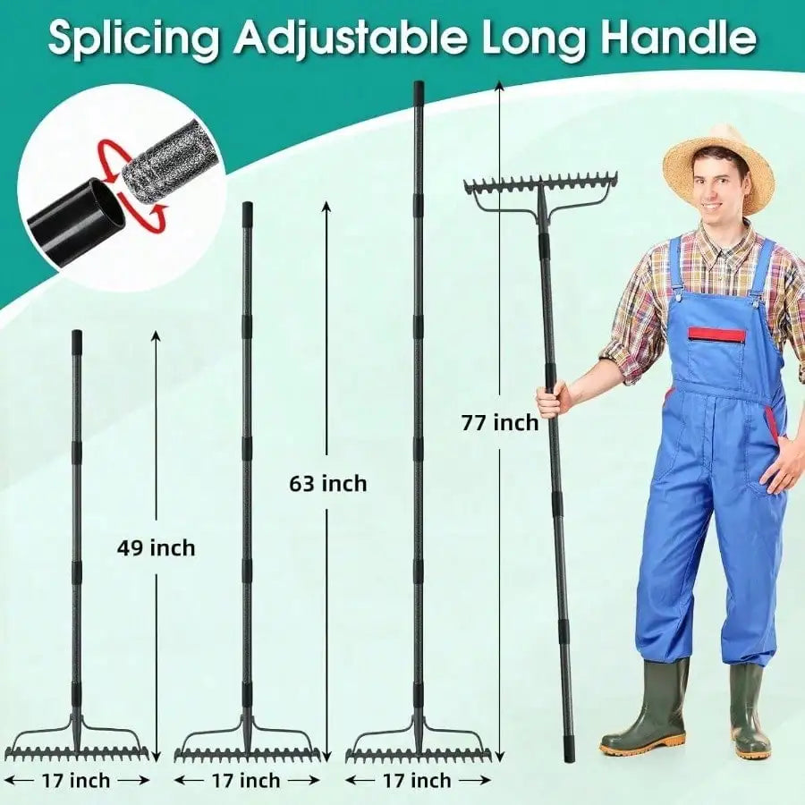 Heavy Duty 17 Tine Garden Thatch Rake 77 Inch Metal Head