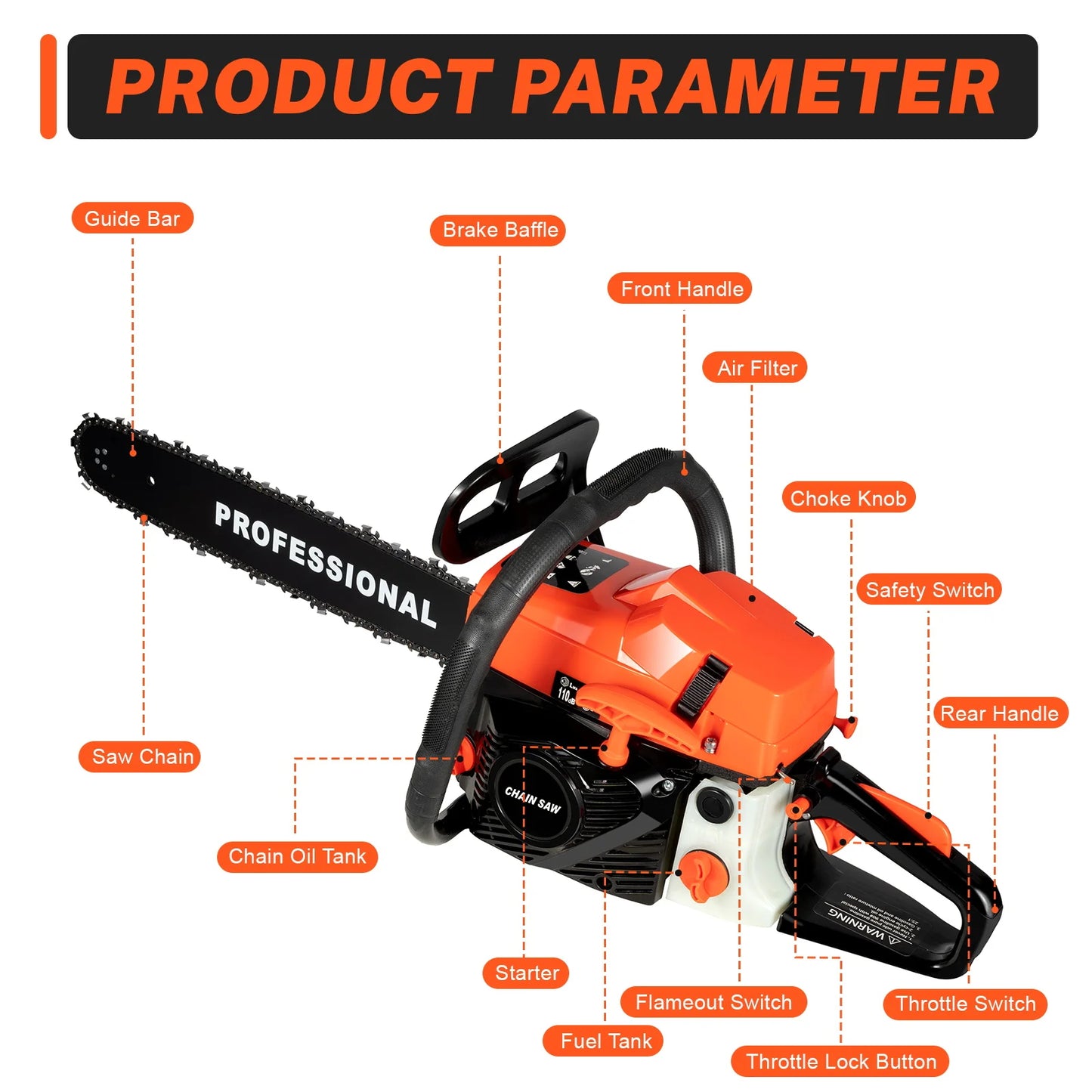 20 Inch 58cc Gas Chainsaw 2600W 2 Stroke Petrol Cutting