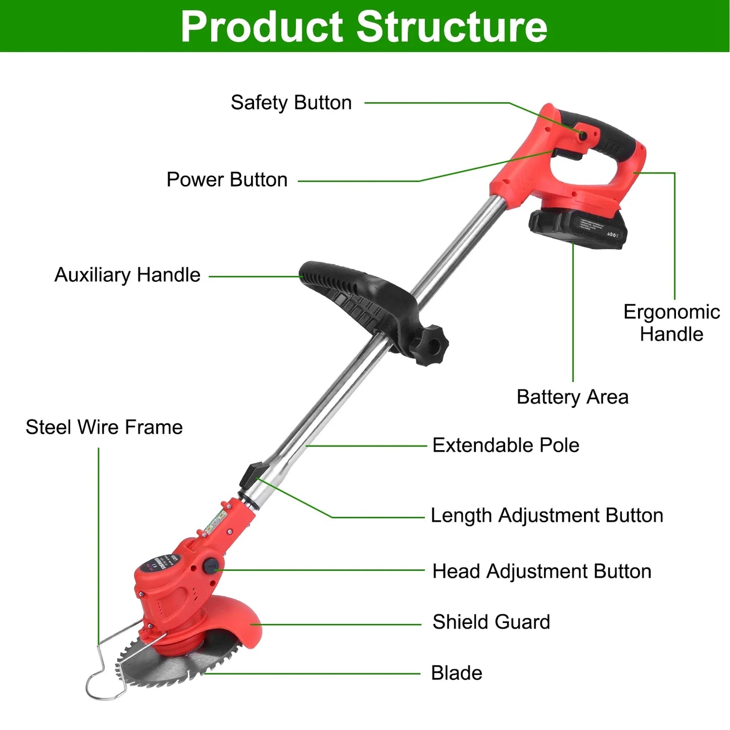 Cordless Telescopic Lawn Mower 8000 RPM Adjustable Poles