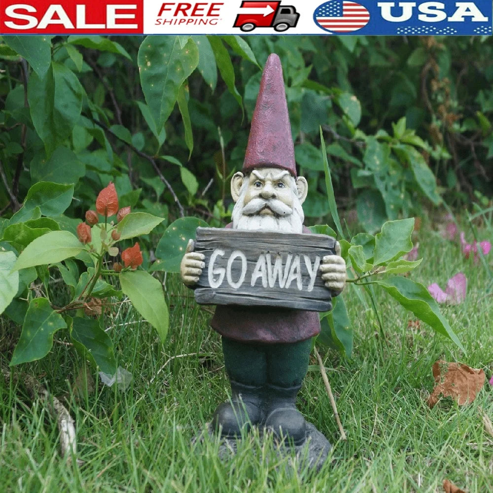 Gnome Statue Holding Go Away Sign Polyresin Garden Decor