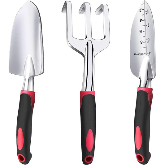 Garden Tool Set 3 Pieces Aluminum Heavy Gardening Kit Including Hand Shovel Transplant Shovel and Hand Rake with Soft Rubber No