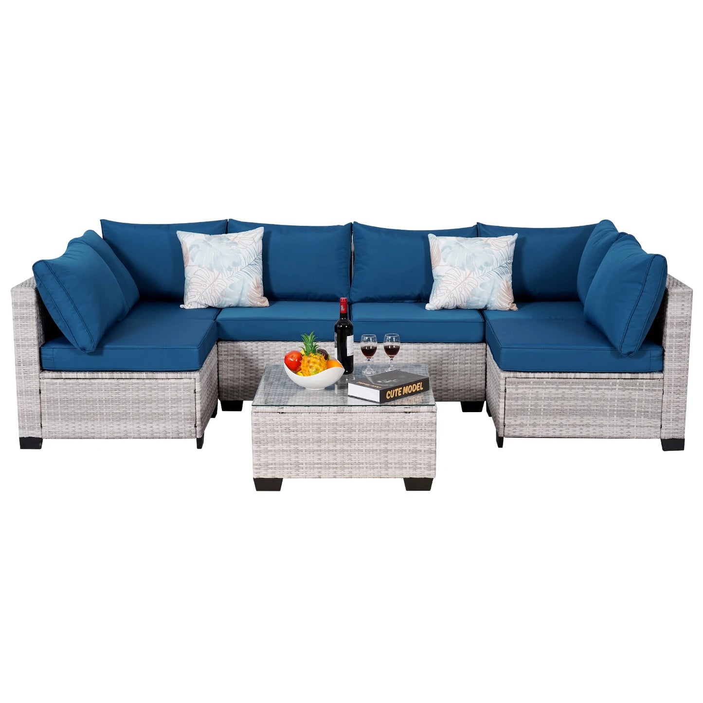 Naga Bahna 7 Piece Outdoor Patio Furniture Sectional Sofa PE Rattan Wicker Conversation Set with Thick Cushions