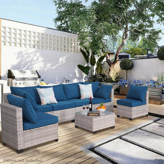 Naga Bahna 7 Piece Outdoor Patio Furniture Sectional Sofa PE Rattan Wicker Conversation Set with Thick Cushions