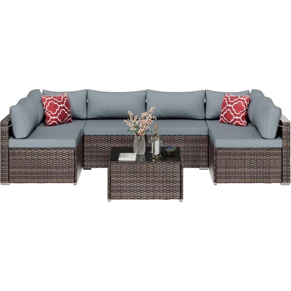 7 Piece Outdoor Furniture Sofa Set with Waterproof Cushions and Tempered Glass Coffee Table 2 Pillows
