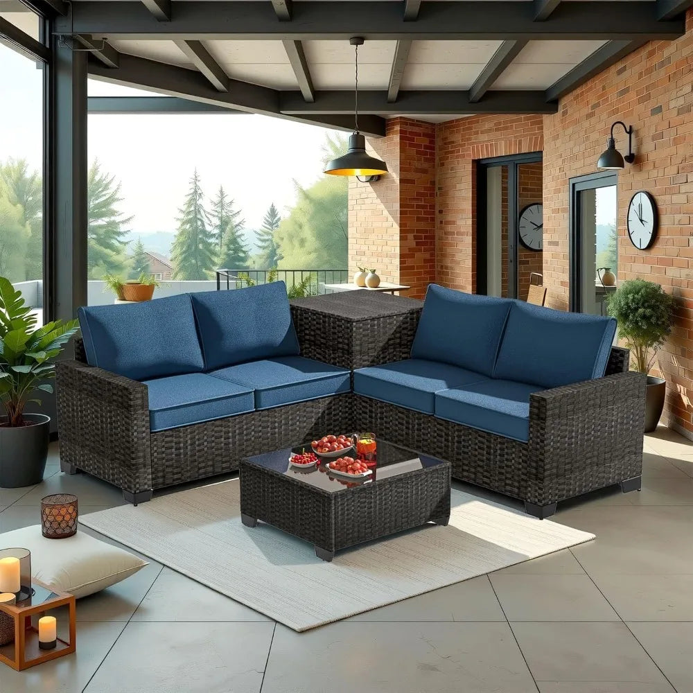 Patio Furniture Set 4 Piece Rattan With Glass Table Storage