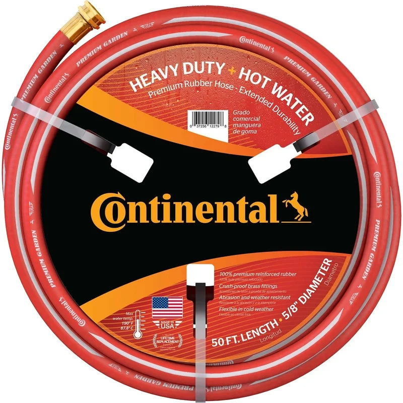 Premium Heavy Duty Rubber Hot Water Garden Hose 5/8 Inch x 50 Feet Abrasion Resistant Kink Free Brass Fittings High Pressure