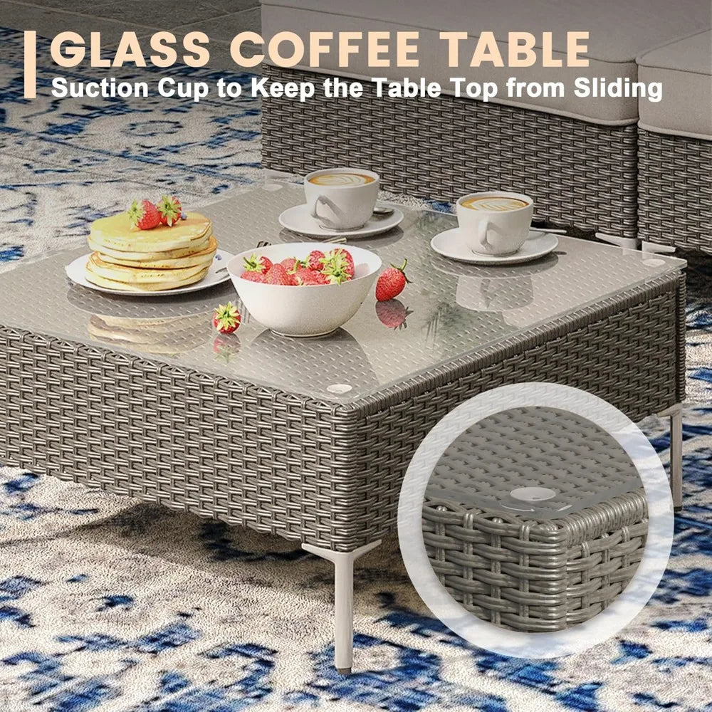 7 Piece Wicker Patio Set Sectional Sofa Glass Table