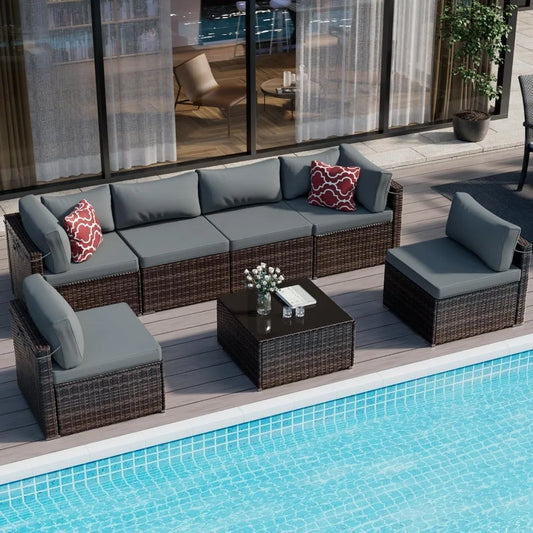 7 Piece Outdoor Furniture Sofa Set with Waterproof Cushions and Tempered Glass Coffee Table 2 Pillows