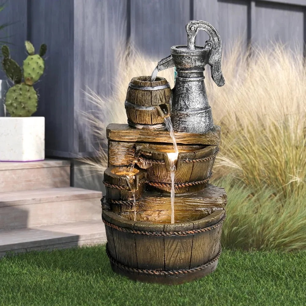 25.5 Inch 5 Tier Barrel Outdoor Fountain With LED Lights