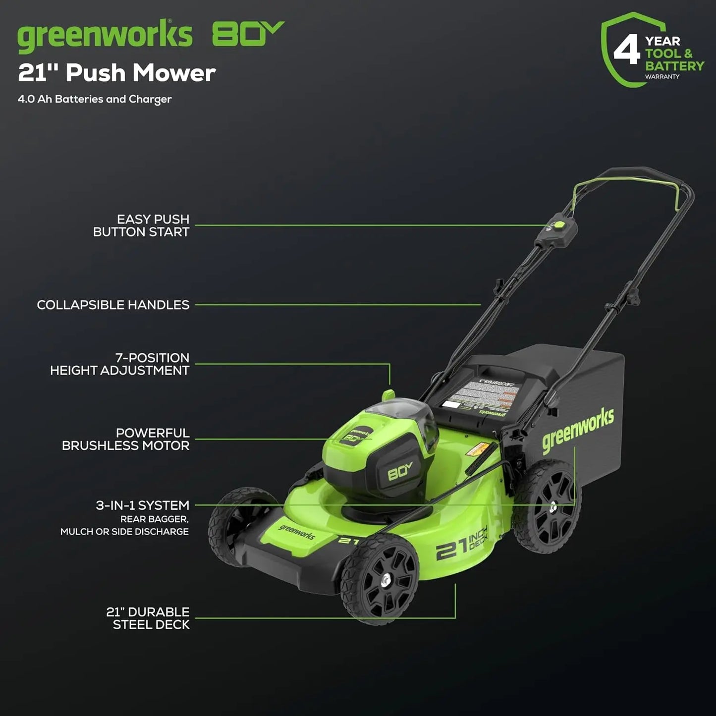 80V 21 Inch Brushless Cordless Lawn Mower Battery Included