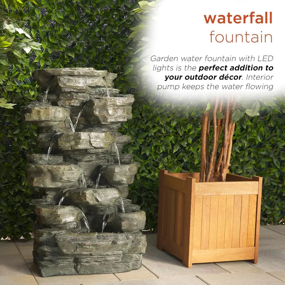 Outdoor Multitiered Cascading Rock Fountain With Led Lights