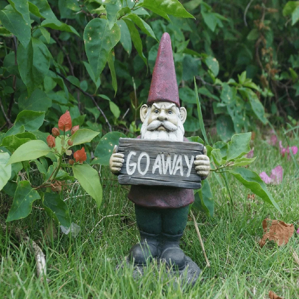 Gnome Statue Holding Go Away Sign Polyresin Garden Decor