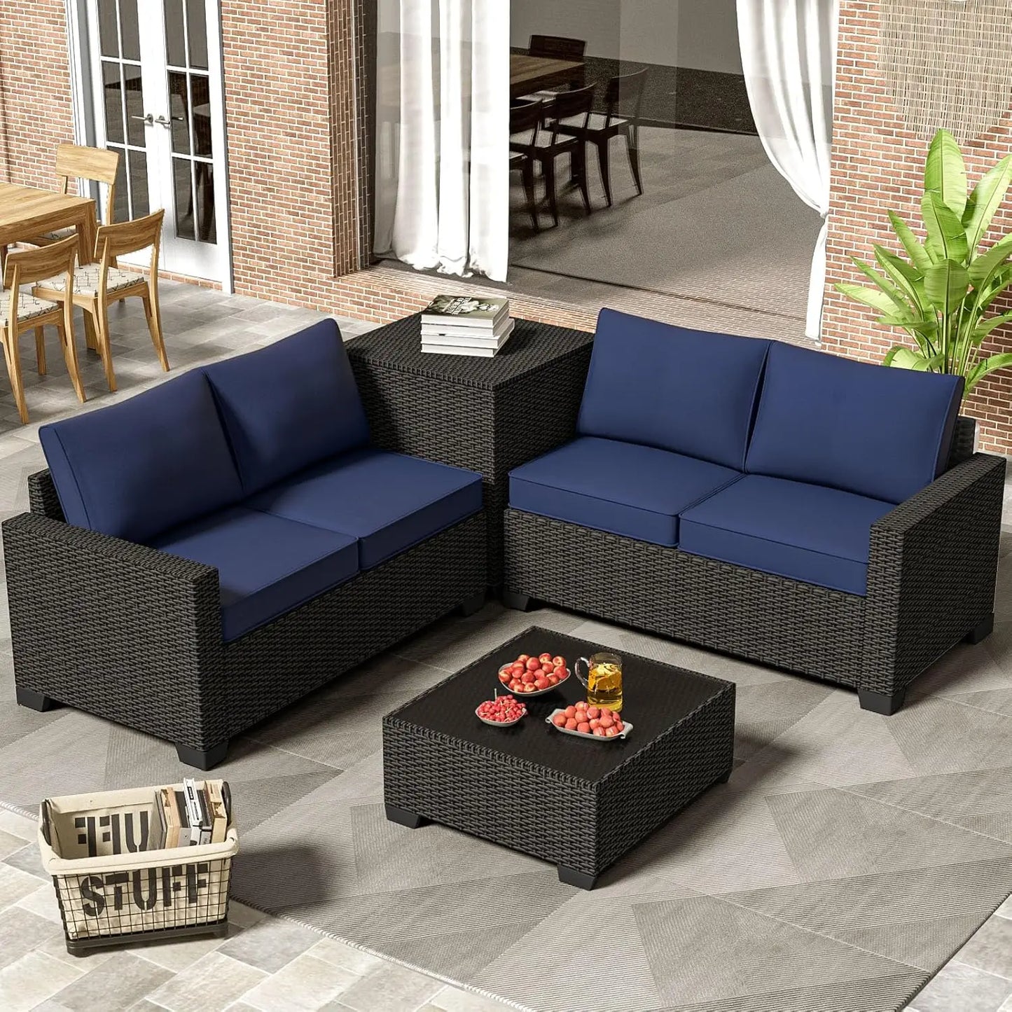 Patio Furniture Set 4 Piece Rattan With Glass Table Storage